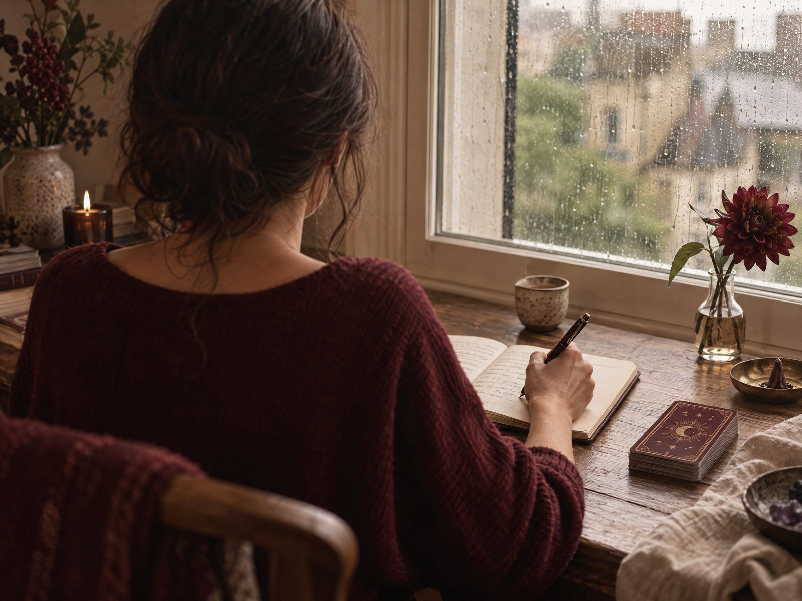 Una persona escribe en su diario durante un momento de reflexión junto a la ventana
