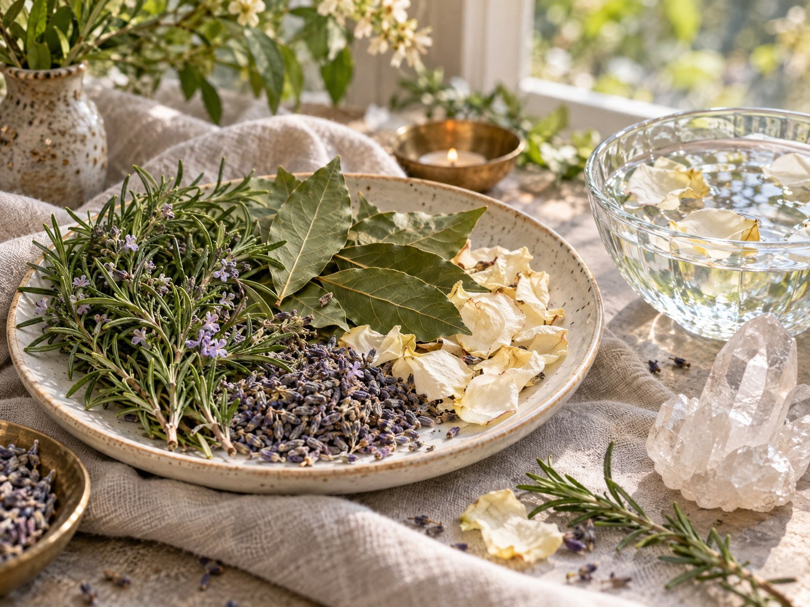 Hierbas aromáticas, flores blancas y cuarzo junto a un cuenco de agua
