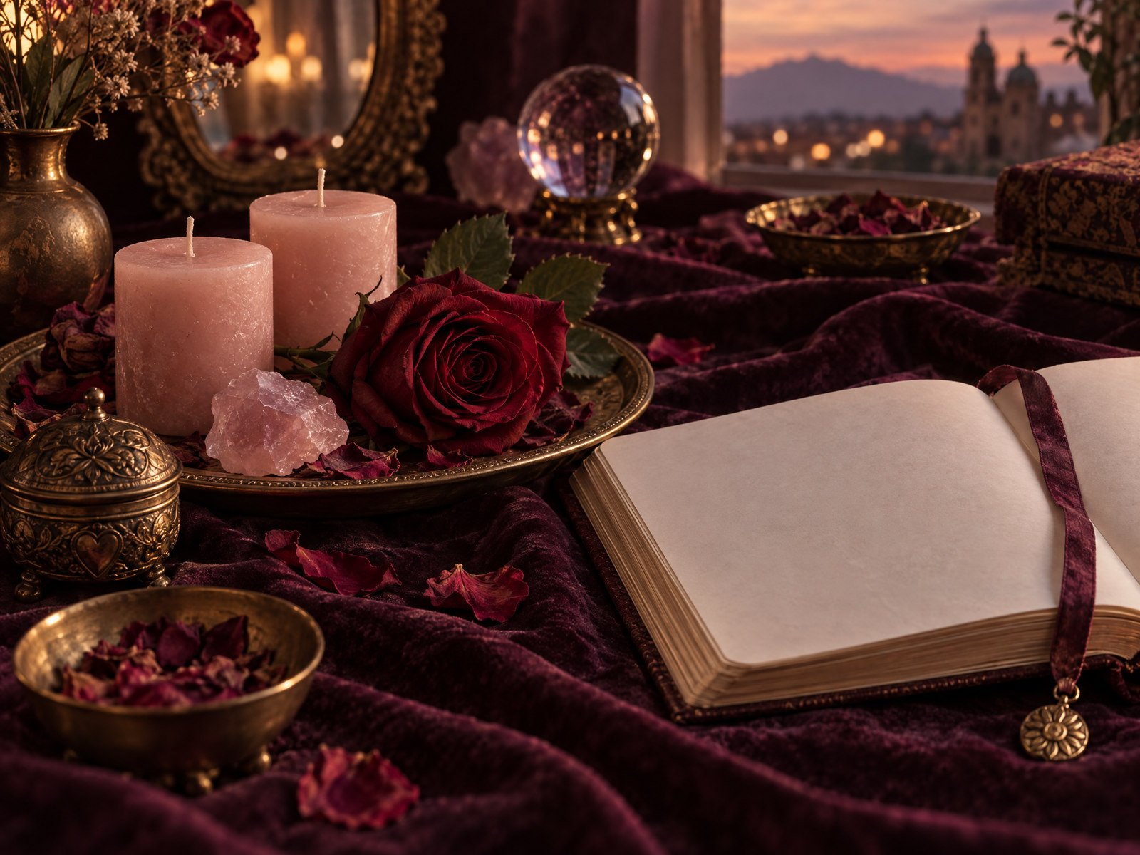 Rosa, velas y diario en una escena simbólica de amor